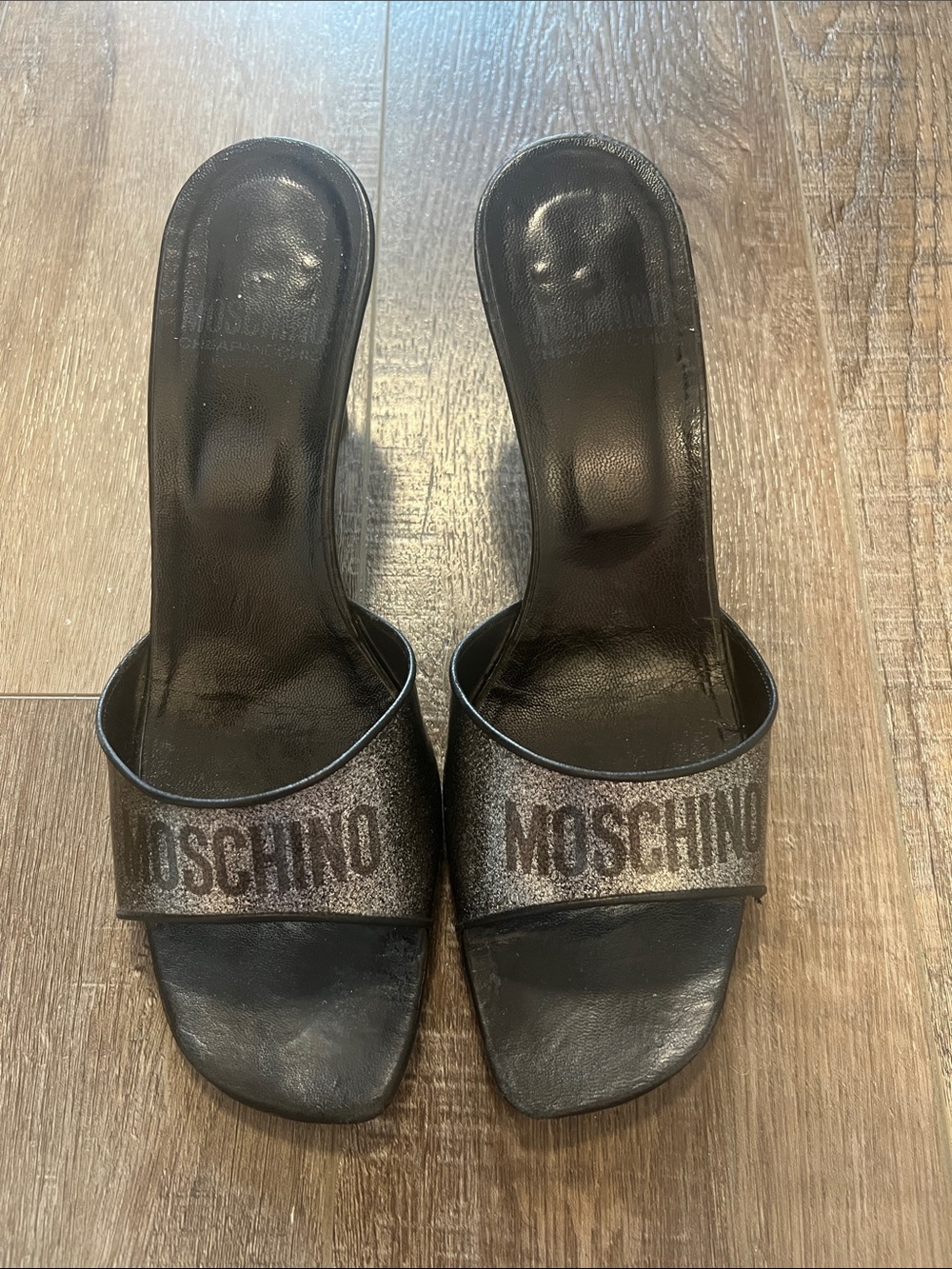 Vintage Moschino Cheap and Chic square-toe mule glitter sandals Black/Silver